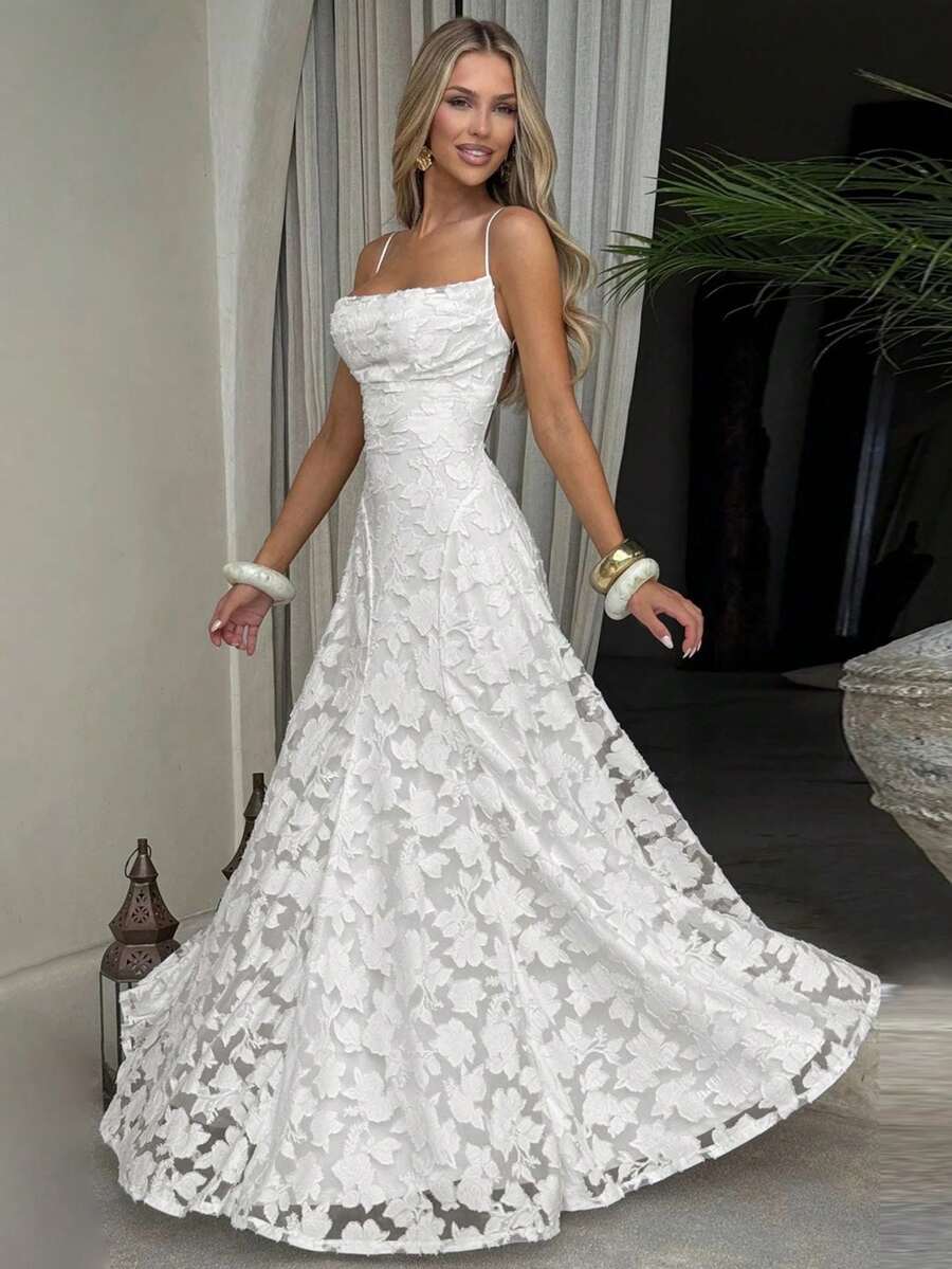 Elegant Off-The-Shoulder Jacquard Lace Strap Dress, Waist Tie, Graceful Evening Gown - 白色 - 查看 1