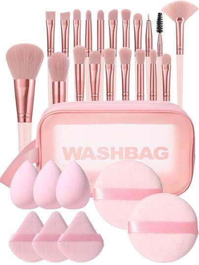 Kit de maquillaje 29 en 1: 20 brochas + bolsa de maquillaje + almohadillas redondas + esponja de belleza + esponjas triangulares. Ideal para mezclar a la perfección fundación líquida, cremas y maquillaje en polvo.