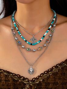 1pc New Bohemian Multi-Layer Beaded Chain Necklace, Elegant Jewelry For Women