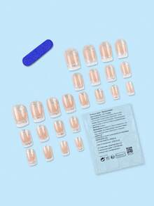 24Pcs Short Square Stylish French Shiny Finish False Nail Art Tips Set, Applicable For Women & Girls Press On Nails Nail Supplies Nails - Pink - View 2