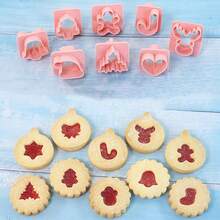 10pcs Christmas Cookie Cutters, 32 Shapes DIY Round Cake Mold, Cream & Jam Filled Cookie Baking Mold Set Christmas Christmas Decorations Christmas Pajamas Christmas Gifts Christmas Decor - Pink - View 4
