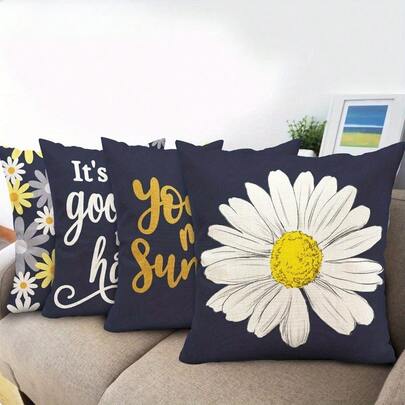 4 capas de almofadas decorativas com estampa de margaridas e girassóis - 45 x 45 cm, estampa de um lado, capas de almofadas decorativas para áreas externas com "Você é meu raio de sol", design floral azul-escuro para sofá, sala de estar e decoração de pátio, não acompanha enchimento