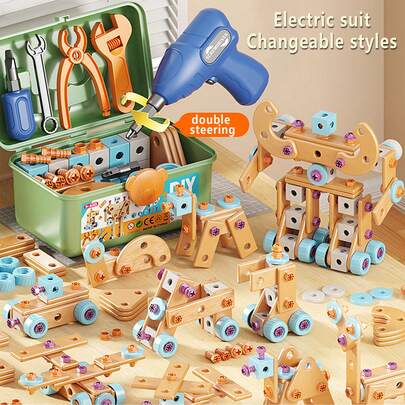 Bộ đồ chơi lắp ráp DIY 124/126 chi tiết gồm tua vít điện, ốc vít, ván gỗ, bánh xe và dụng cụ, đồ chơi giáo dục STEM dành cho bé trai từ 3-8 tuổi.