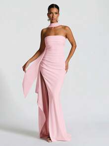 露背修身开衩连衣裙，配腰带，伴娘礼服，万圣节派对礼服，圣诞节派对礼服，优雅 - 粉色 - 查看 6