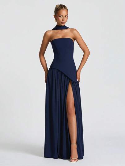 Elegant Sexy Strapless Slit-Draped Evening Party Dress