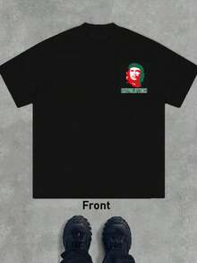 Che Guevara Portrait T-Shirt, Men's Fashion Casual Double-Sided Print Crew Neck T-Shirt, 220gsm Cotton (1 Piece) - 黑色 - 查看 2