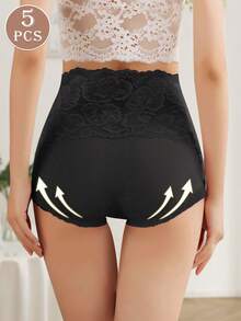 5pcs Women's Cotton High Waist Briefs, Lace Trim Triangle Panties, Soft & Comfortable Underwear For Everyday Wear - 彩色 - 查看 3