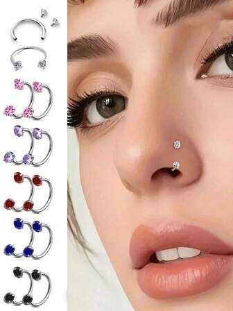 2 piezas de pendientes de acero inoxidable con zirconia cúbica en forma de C, anillos para el labio, anillos de herradura, anillos de septum, pendientes, joyería de piercing hipoalergénica, adecuada para uso diario