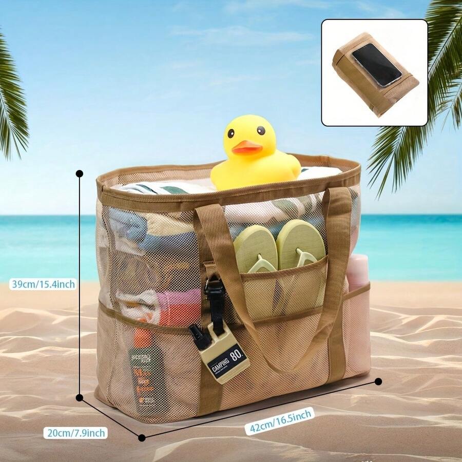 Women's Large Capacity Beach Tote - Heavy-Duty Polyester Beach Bag With Multiple Compartments, Spacious Interior For Beach, Travel, Shopping, Picnics - Khaki Tote, Suitable For Everyday And Special Occasions - Lightweight And Sturdy Design, Beach Bag Accessory, Travel Tote, Quilted Texture, Sturdy Handle Construction - 卡其色 - 查看 1
