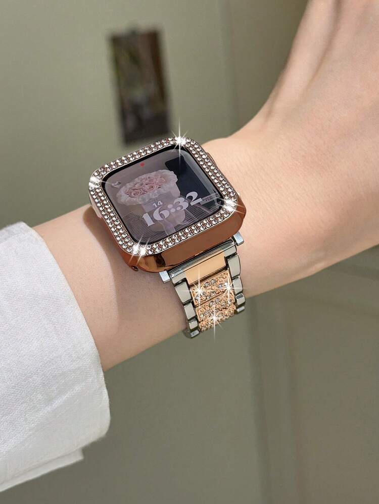 1 Set, Compatible With Apple Watch Band + Case, Rose Gold Metal Band, Inlaid With Shiny Diamonds, Compatible With Apple Watch 38/40/41/42/44/45/46/49mm, Compatible With Apple Watch Ultra/SE/10/9/8/7/6/5/4/3/2/1, Women's Watch Band, Smart Watch Accessories - Rose Silver - View 10