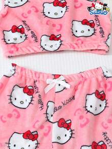SANRIO 2pcs Authorized Autumn/Winter Vest Top And Bow Shorts Plush Pajama Set, Soft & Comfortable Printed Sleepwear Homewear Set - Pink - View 5
