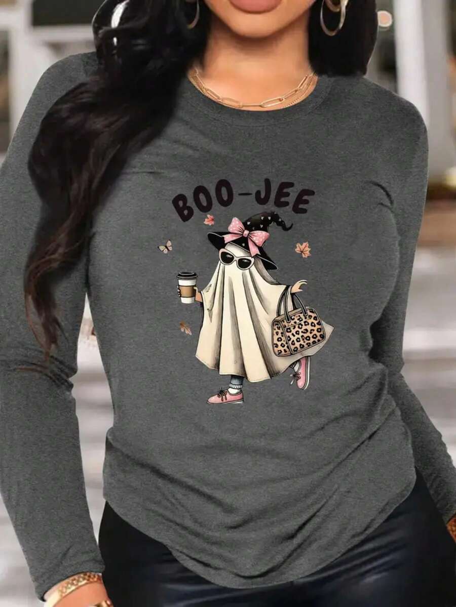 Fall Clothes For Women Cute Ghost Halloween Costume Graphic Tees, "BOO-JEE" Letter Print Casual Long-Sleeved T-Shirt Comfortable Women's Top, Suitable For Outdoor And Home Wear,Fall Outfits