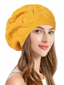 2Pcs/1pc Women's Fashion Hollow Knitted Leaf Flower Beret Casual Daily Beret Solid Color Fashion Versatile Hat Slack, Suitable For Daily Life And Travel