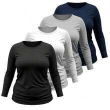 Kit 04 Plus Size T-Shirt Women's Long Sleeve Cotton Round Neck Blouse - Black White Gray Blue - View 1