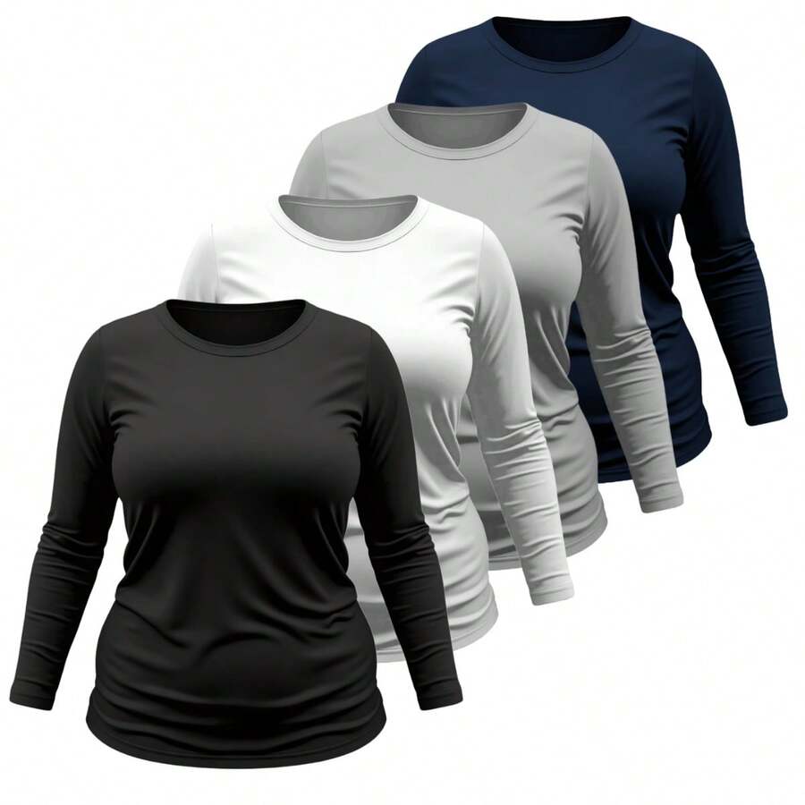 Kit 04 Plus Size T-Shirt Women's Long Sleeve Cotton Round Neck Blouse - Black White Gray Blue - View 1