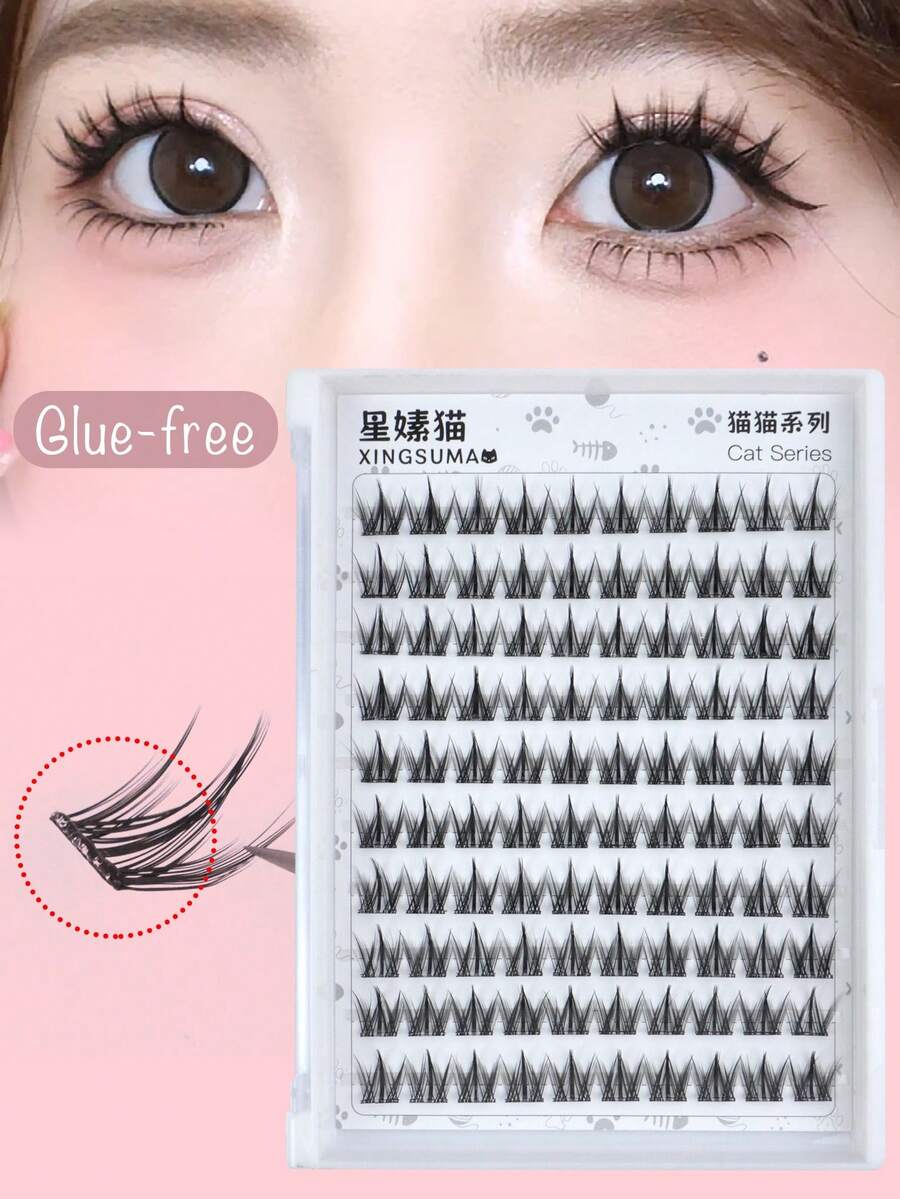 100pcs/Pack Glue-Free Removable Individual Eyelash Clusters, C 0.07 Natural Makeup Effect, DIY Eyelash Extension, False Eyelashes, Natural Cluster, Cosplay Eyelashes, 10 Rows Wearing, Glue-Free Eyelash, Natural Lengthening False Eyelash Clusters, Women Eye Makeup, Party, Club, Makeup Tools - 黑色 - 查看 1