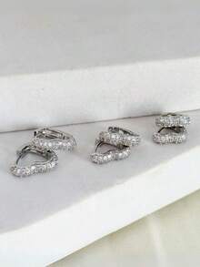 [ SEMI JEWELLERY ] Trio Kit Of Heart Hoop Earrings Studded With Zirconia 18k Gold Plated Anti-Allergic - Vàng - Xem 3