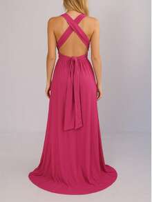 Marianela Long Helanca V-Neck Dress For Bridesmaid Party, Graduation, Guest, Evening Event - Hồng - Xem 3