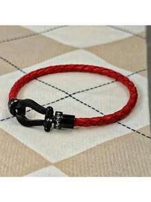 1pc Fashionable Minimalist U-Shaped Micro-Inlaid Half-Brick Magnetic Buckle Braided Leather Bracelet, Unisex Daily Wear, Holiday Gift