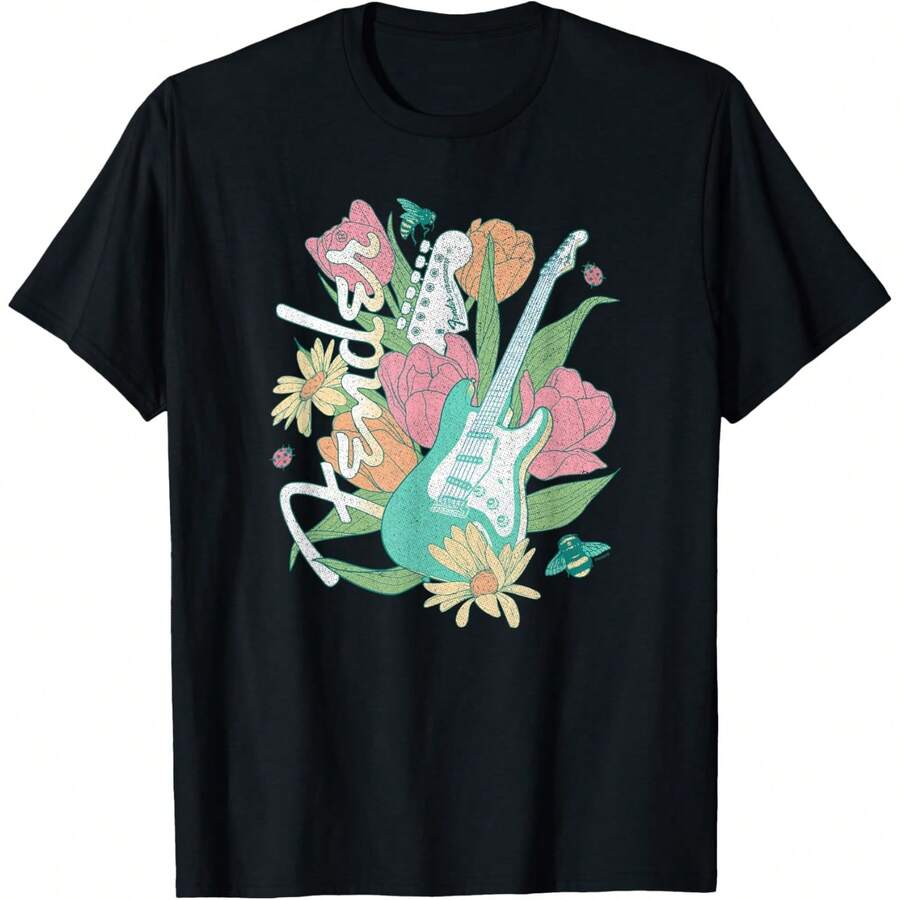 Fenderes Spring Time Guitar Vintage Bees And Flowers Poster T-Shirt - màu đen - Xem 1