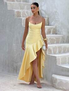 Vestido de tirantes con abertura y volantes en el bajo, de unicolor y sexy para mujer - Amarillo - Ver 1