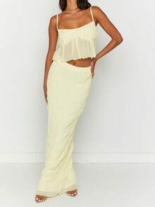 Womens Two Piece Summer Outfits Sleeveless Ruffle Hem Cami Tops And Long Skirt Set Beachwear - 黃色 - 查看 6
