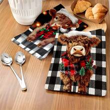 1set/2pcs/100pcs Christmas Cow With Santa Hat And Plaid Scarf Pattern Kitchen Towels And Dishcloths, Suitable For Interior Decoration In Restaurants, Kitchens And Bathrooms, Party Decoration, Festival Gifts, As A Gift - Multicolor - View 3