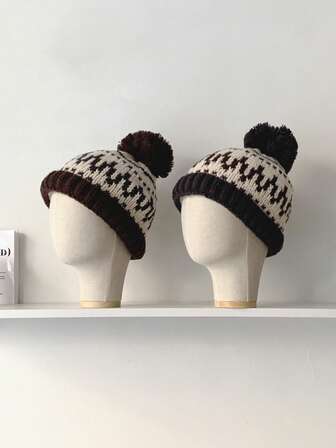 1 pieza Gorro de punto con pompón de estilo jacquard Fair Isle vintage, gorro grueso y versátil para mantener el calor en otoño/invierno para mujer