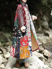 LUZU JUNU Women's Trench Coat Floral Print Long Cotton Linen Jacke Cottagecore Clothing Patchwork Outwear Bohemian Unique - 復古灰色毛絨襯裡 - 查看 3