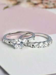 2Pcs Sparkling Cubic Diamond Ring, High-Quality Engagement Ring, Low-Key Luxury, Skin-Friendly And Comfortable, Suitable For Daily Wear, Women's Valentine's Day, Wedding Anniversary Party Jewelry, The Ultimate Choice For Mothers And Girlfriends