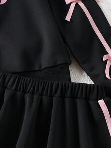 2pcs Girls Sweatshirt & Skirt Set, Fleece Crew Neck Pullover With Ribbon Bow + Skirt, Spring/Autumn
