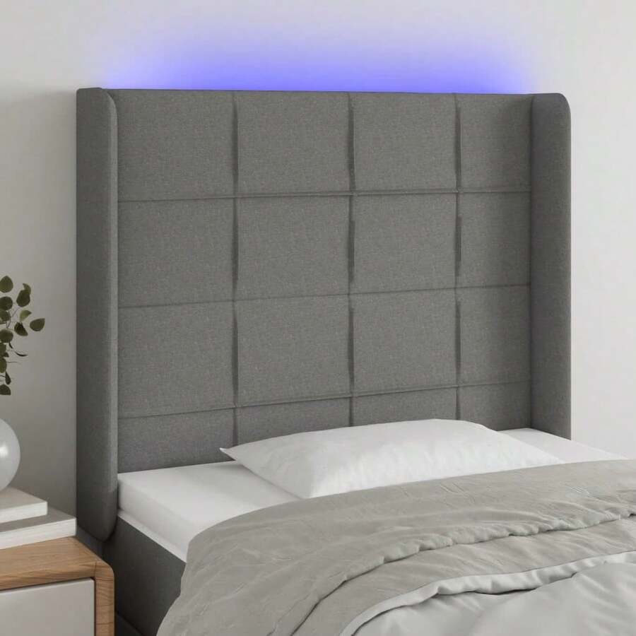 vidaXL Headboard LED 103x16x118/128 Cm Fabric Dark Gray - Dark Grey - View 1