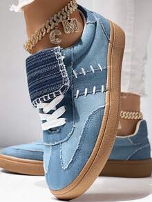 女士蓝色休闲运动鞋，系带舒适轻便平底鞋，学院风帆船鞋，开学季新品 - 藍色 - 查看 2