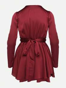 Satin Mini Dress With Deep Neckline And Tie Back - Burgundy - View 7