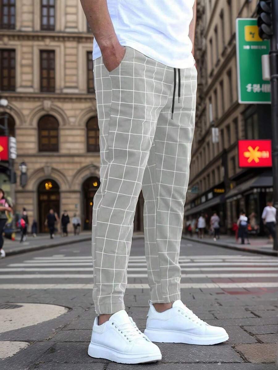 SANOPY Men's Loose Grid Printed Pleated Fashion Style Drawstring Waist Pants Casual Slim Fit Outdoor Sports Pants - 淺灰色 - 查看 1