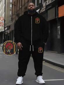 大码男士东京虎纹休闲连帽卫衣 + 运动裤套装，秋冬 - 黑色 - 查看 1