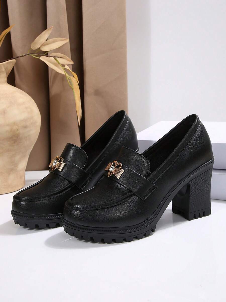 Women's Heart Rhinestone Buckle Loafers, Black PU Leather Chunky Heel Shoes