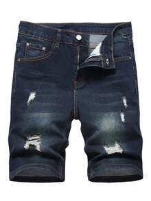 1-Pack Men's Slim Stretch Denim Shorts, Ripped Skinny Denim Shorts, Men's Stylish Street Straight Comfortable Stretch Shorts - 深藍色 - 查看 9