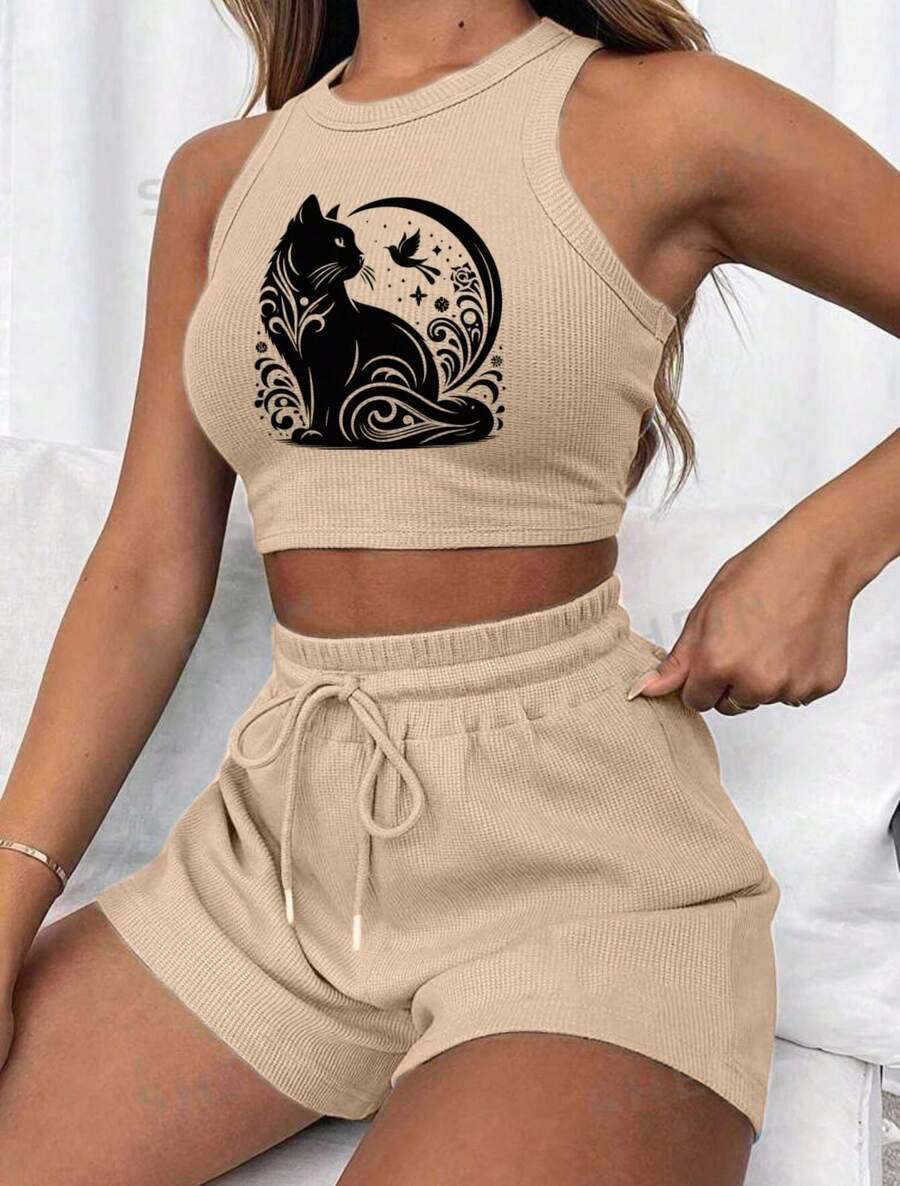 Women's Casual 3D Printed Ribbed Drawstring Set - Màu be - Xem 1