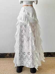 1 Peça Saia Assimétrica de Renda Retalhos com Babado Assimétrico na Barra, Roupas de Outono Preto e Branco para Mulheres - Multicolorido - Visão 5