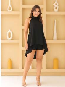 Women's Loose Halter Jumpsuit Set In Fresh Duna Fabric - 黑色 - 查看 2
