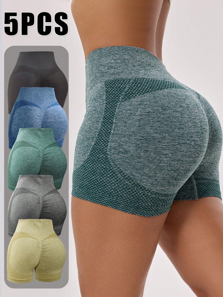 5PCS High-Waisted Solid Color Hip-Lifting Elastic Sports Shorts, Women's Sportswear Running Seamless Yoga Cycling Women's Sportswear Yoga Shorts Hiking, Fashionable Sportswear/Elastic Fabric, High-Waisted Shorts - Nhiều màu - Xem 1