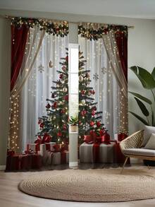 2 piezas Cortinas con estampado de árbol de Navidad - Cortinas de poliéster con estampado digital y ojales, adecuadas para sala de estar, dormitorio, cocina y decoración navideña del hogar, decoraciones navideñas, decoración de habitación - Multicolor - Ver 3