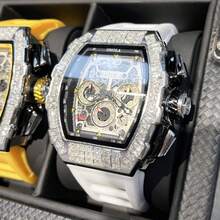 ONOLA-6826F Men's Wine Barrel Multi Functional Mechanical Automatic Watch Rubber Strap Fashion Sports ICE Diamond Watch - 白色 - 查看 13