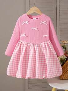 Girls Casual Plaid Pattern Bow Decor Round Neck Long Sleeve Knee-Length Dress, Suitable For Spring And Autumn - Pink - View 1