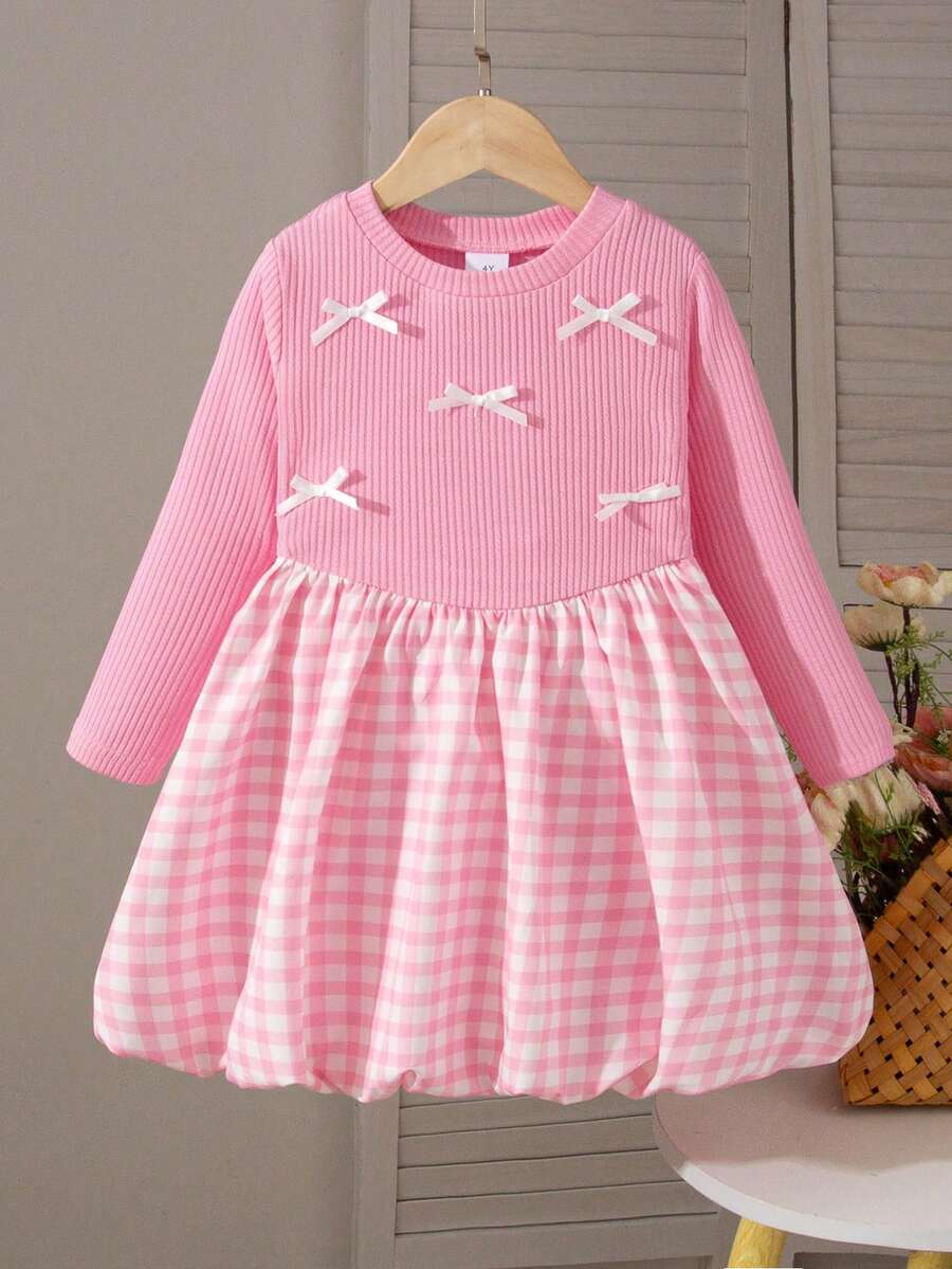 Girls Casual Plaid Pattern Bow Decor Round Neck Long Sleeve Knee-Length Dress, Suitable For Spring And Autumn - Pink - View 1