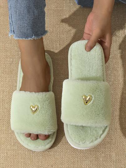 Premium Fashion Heart Decor Plush Slippers For Women, Soft & Comfortable Lightweight Sole, Suitable For Living Room & Bedroom, All Season