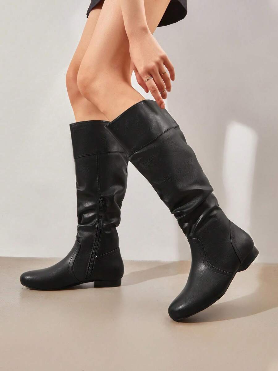 Women's Wide Calf Knee High Boots Fur Lined Side Zipper Fall Winter Boots - PU đen - Xem 1