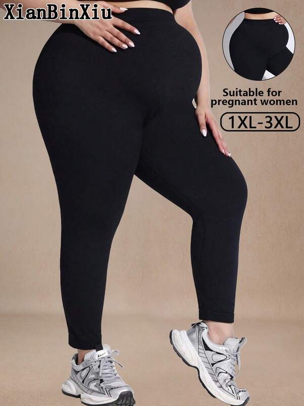 1pc Plus Size High Stretch Seamless Yoga Pants, Solid Color, Adjustable Waist, Suitable For Pregnant Women, Soft, Comfortable And Breathable Fabric