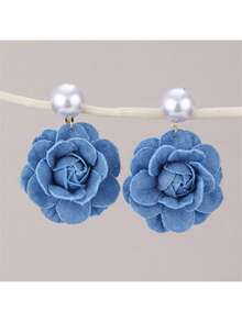 Denim Fabric Rose Flower Three-Dimensional Camellia Handmade Flower Pearl Stud Earrings Women Jewelry - 花苞#EZ5584-B - 查看 9